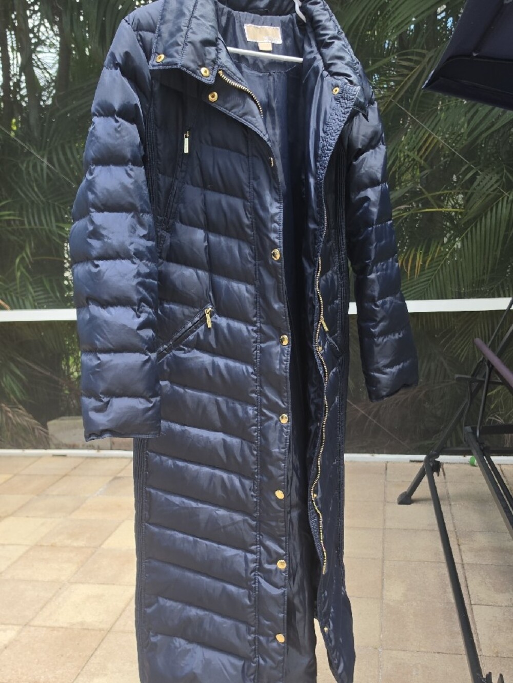 Michael Kors Navy Quilted Long Puffer Coat with Faux Fur Hood Trim